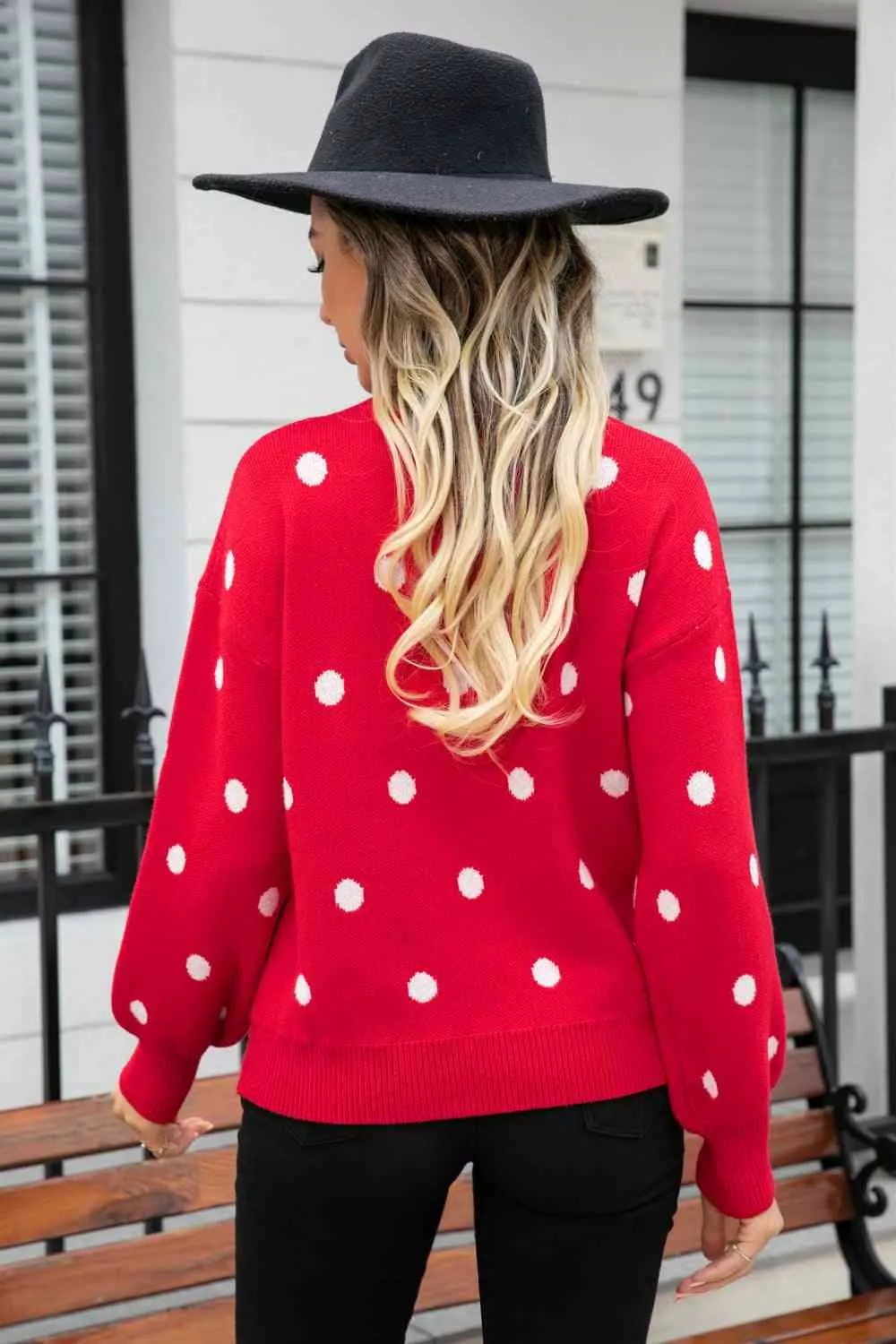 Woven Right Polka Dot Round Neck Dropped Shoulder Sweater