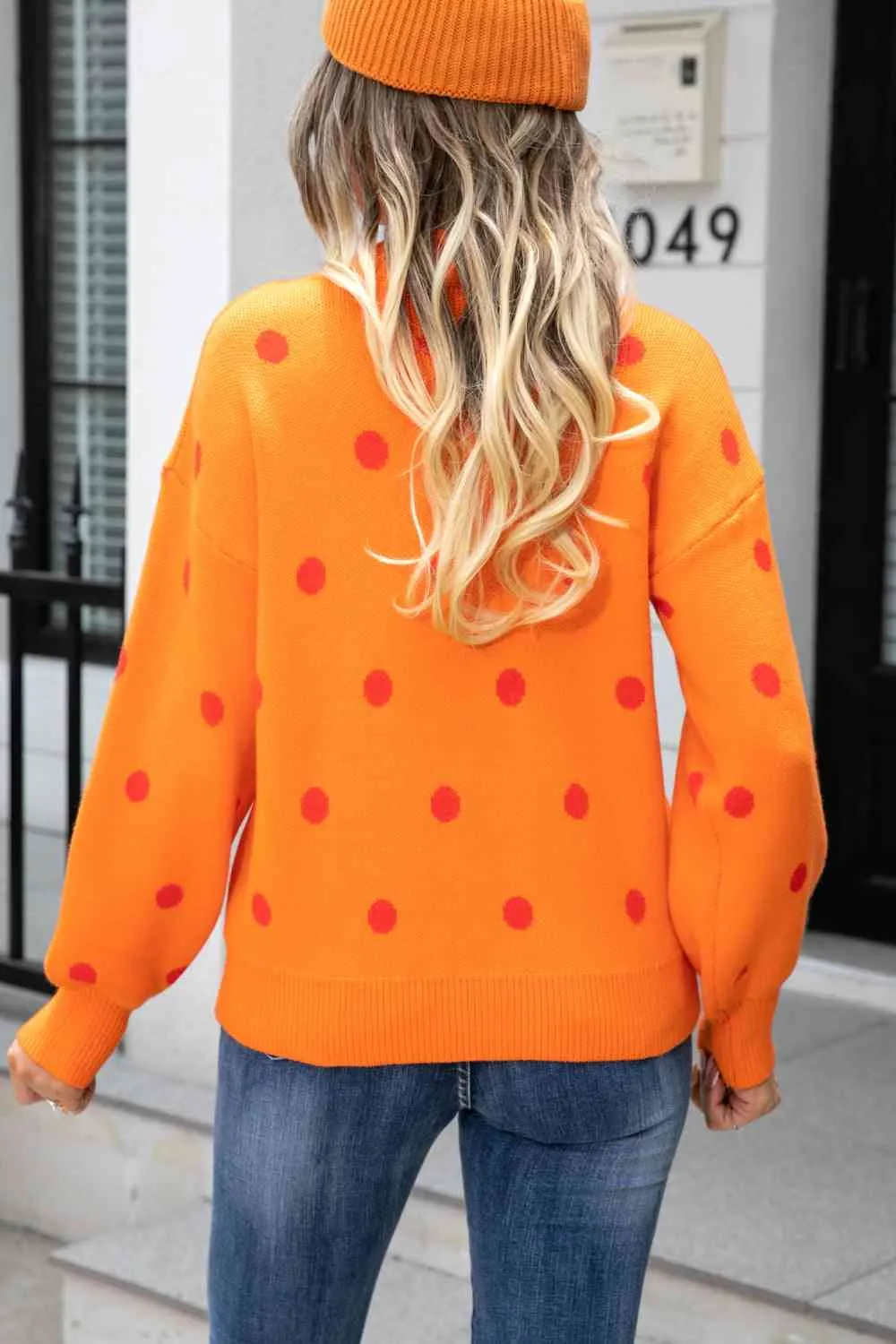 Woven Right Polka Dot Round Neck Dropped Shoulder Sweater