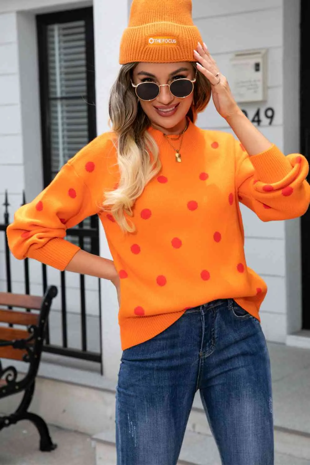 Woven Right Polka Dot Round Neck Dropped Shoulder Sweater